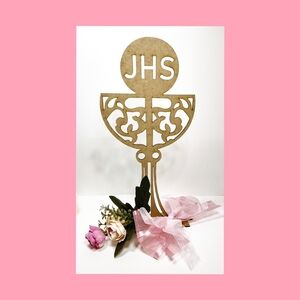 Holy Chalice Cake Topper. Wooden Grial First Holy Communion JHS Cake Topper